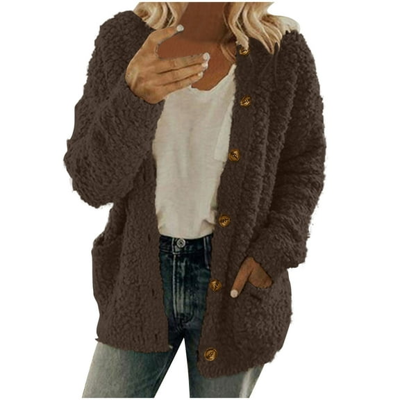 Annhoo Womens Fleece Jacket Fall Winter Plush Long Sleeve Button down Coats Comfy Soft Outwear with Pockets