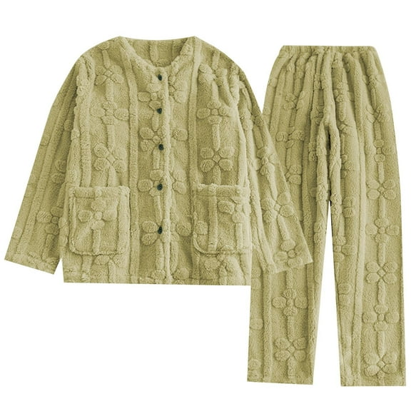 Annhoo Womens Fleece Pajama Soft Long Sleeve Crewneck Textured Fuzzy Plain Clothes with Pocket Fall Warm Sets