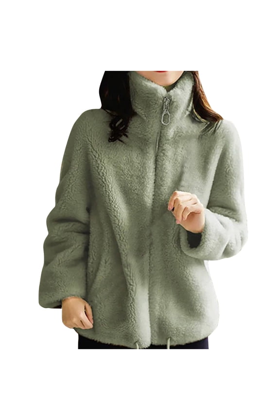 Womens Fuzzy Fleece Jacket Zip up High Stand Neck Long Sleeve Lounge Coats Winter Soft Warm Plush Outwear