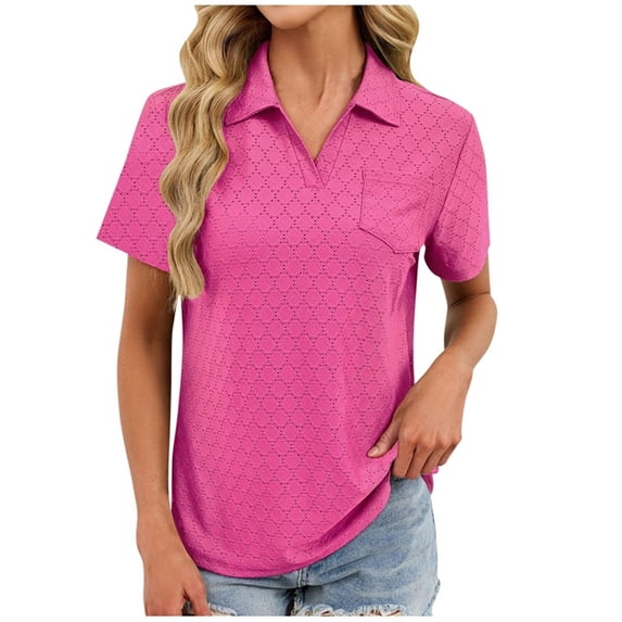 Annhoo Womens Golf Shirts Spring Solid Color Collar Breathable Short Sleeve Tops with Pocket Activewear Clothes