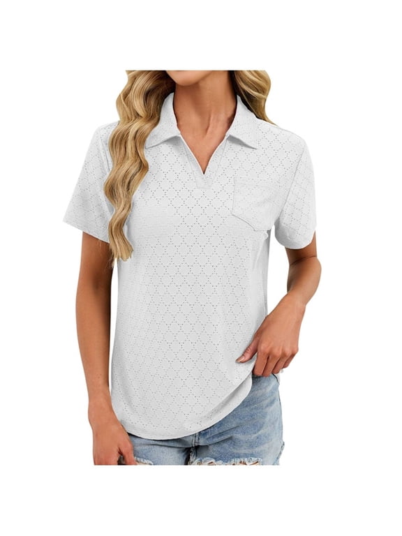 Womens Golf Shirts Spring Solid Color Collar Breathable Short Sleeve Tops with Pocket Activewear Clothes
