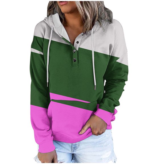 Annhoo Womens Hoodies Button Front Long Sleeve Fall Sweatshirts Comfy Drawstring Color Block Pullover Shirts