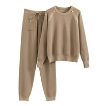 Annhoo Womens Knit Outfits Fall Long Sleeve Round Neck Pullover Shirts and Pants with Pockets 2 Piece Lounge Sets