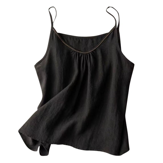 Annhoo Womens Linen Pajama Shirts Spring Summer Solid Color V Neck Pleated Sleeveless Camisole Tops Sleepwear Clothes