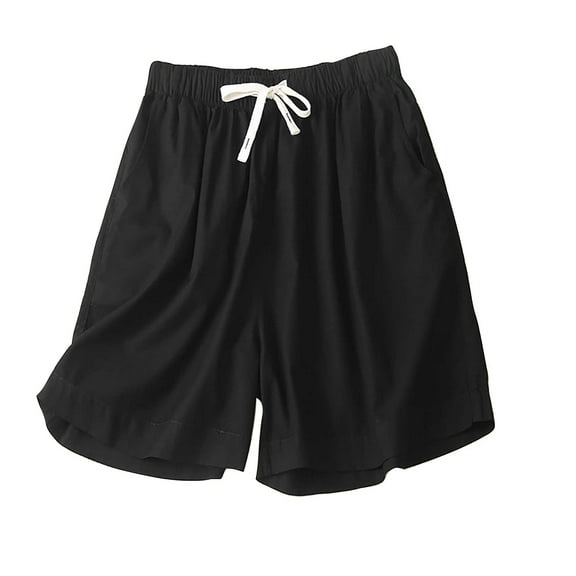 Annhoo Womens Linen Shorts Summer Casual Elastic Waist Loose Drawstring Wide Leg Knee Length Shorts with Pockets
