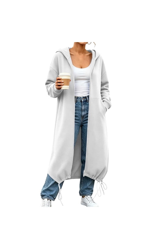 Womens Long Cardigan Hoodies Maxi Length Full Zip Side Pockets Drawstring Hem Oversized Outer Coat