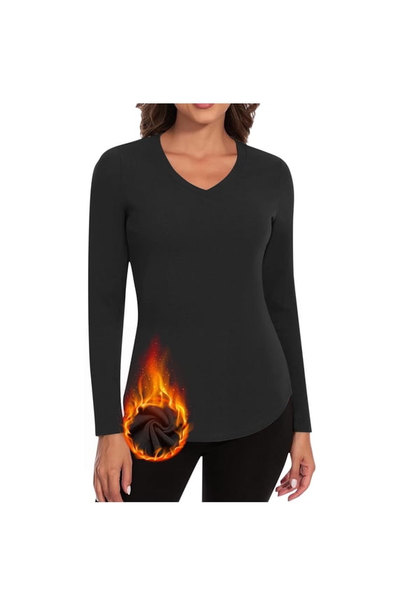 Womens Long Sleeve Thermal Shirts Fall Winter V Neck Fleece Base Layer Tops Plus Size Basic Warm Undershirts
