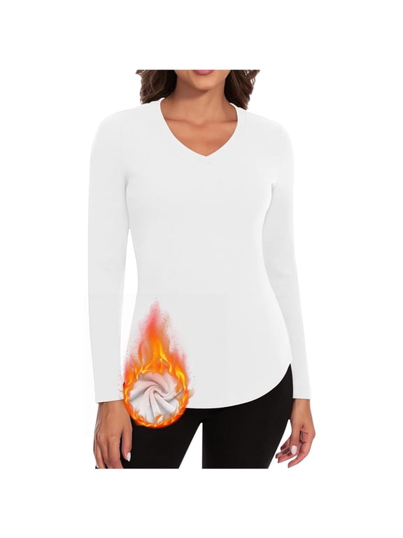 Womens Long Sleeve Thermal Shirts Fall Winter V Neck Fleece Base Layer Tops Plus Size Basic Warm Undershirts