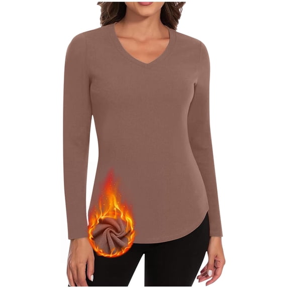 Annhoo Womens Long Sleeve Thermal Shirts Fall Winter V Neck Fleece Base Layer Tops Plus Size Basic Warm Undershirts