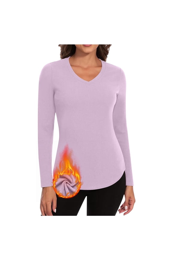 Womens Long Sleeve Thermal Shirts Fall Winter V Neck Fleece Base Layer Tops Plus Size Basic Warm Undershirts