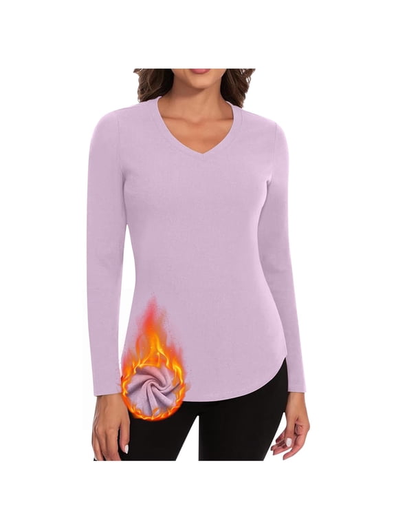 Womens Long Sleeve Thermal Shirts Fall Winter V Neck Fleece Base Layer Tops Plus Size Basic Warm Undershirts