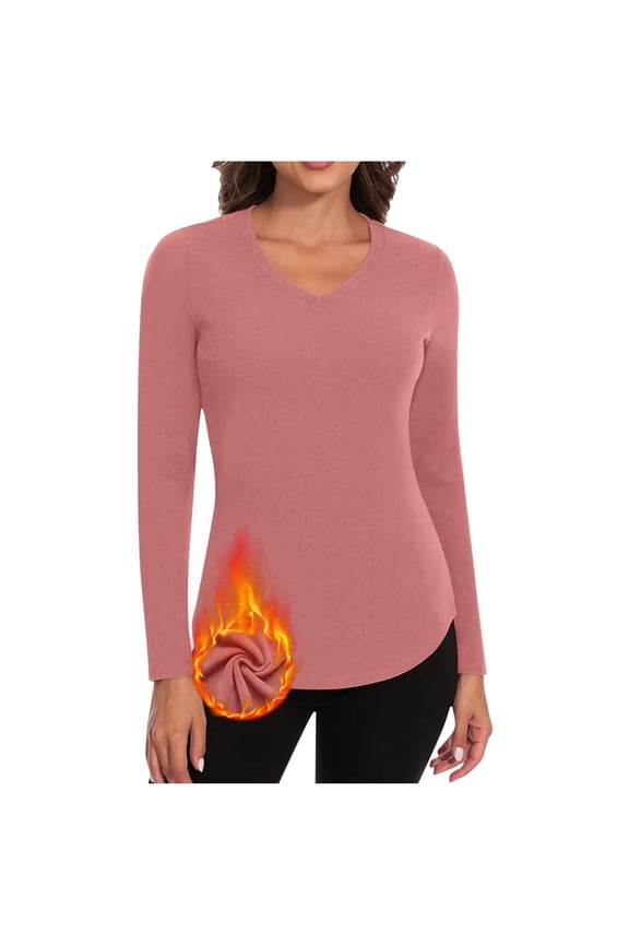 Womens Long Sleeve Thermal Shirts Fall Winter V Neck Fleece Base Layer Tops Plus Size Basic Warm Undershirts