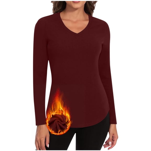 Annhoo Womens Long Sleeve Thermal Shirts Fall Winter V Neck Fleece Base Layer Tops Plus Size Basic Warm Undershirts