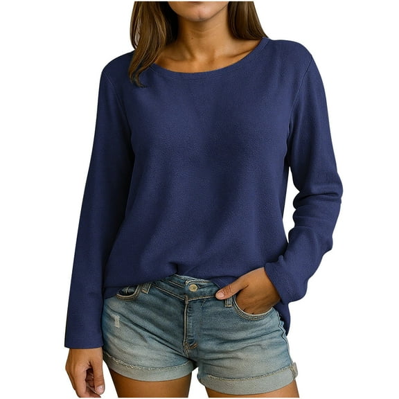 Annhoo Womens Long Sleeve Tops Crew Neck Soft Solid Color Pullover Casual Comfy Sweater Outdoor Trendy Shirts Blouses