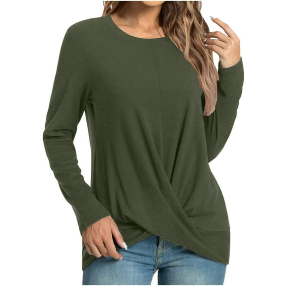 Annhoo Womens Long Sleeve Tops Elegant Cross Front Round Neck Shirts Fall Casual Loose Going out Blouses for Leggings