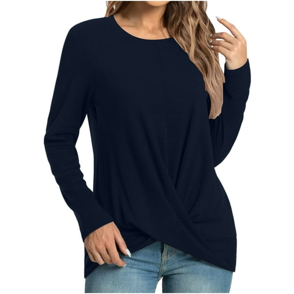 Annhoo Womens Long Sleeve Tops Elegant Cross Front Round Neck Shirts Fall Casual Loose Going out Blouses for Leggings