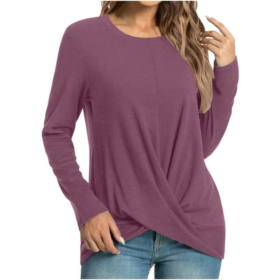 Annhoo Womens Long Sleeve Tops Elegant Cross Front Round Neck Shirts Fall Casual Loose Going out Blouses for Leggings