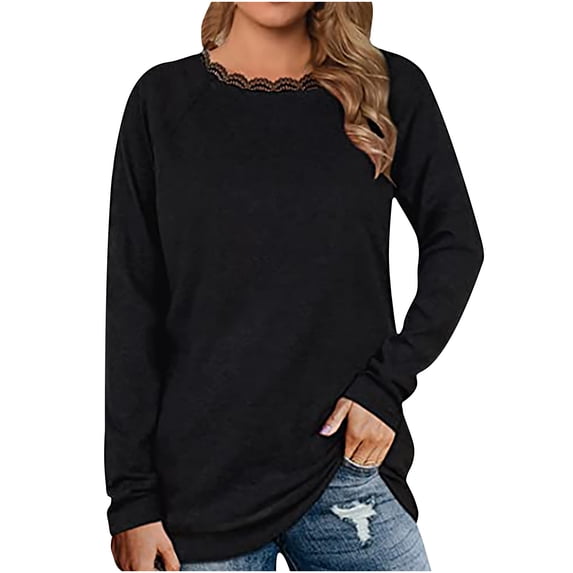Annhoo Womens Long Sleeve Tops Fall Elegant Lace Trim Round Neck Blouses Trendy Comfy Going out Vacation Shirts