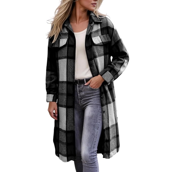 Annhoo Womens Long Trench Coat Single Breasted Checkered Long Sleeve Lapel Overcoat Fall Winter outerwear Jackets