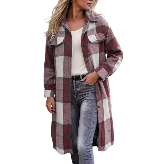 Annhoo Womens Long Trench Coat Single Breasted Checkered Long Sleeve Lapel Overcoat Fall Winter outerwear Jackets