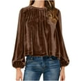 thumbnail image 1 of Annhoo Womens Loose Tops Long Lantern Sleeve Round Neck Solid Color Pleat Textured Blouse Casual Velvet Shirts, 1 of 7