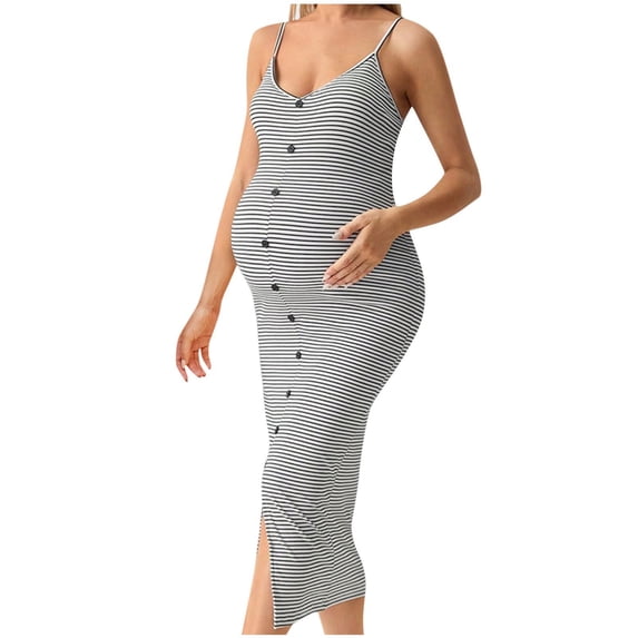 Annhoo Womens Maternity Maxi Dress Cotton Side Slit Button Strap Sleeveless Dresses Outdoor Butt Lifting Bodycon Clothes