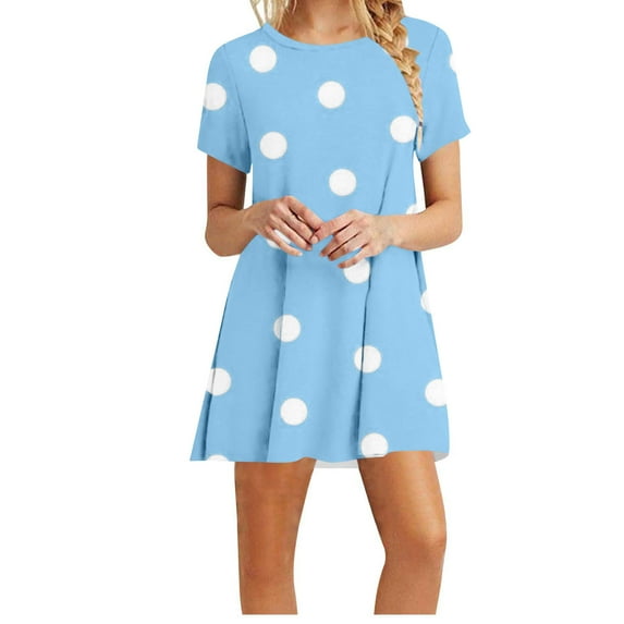 Annhoo Womens Mini Dress Summer Casual Polka Dots Short Sleeve Crewneck T Shirt Dresses Beach Vacation Short Sundress
