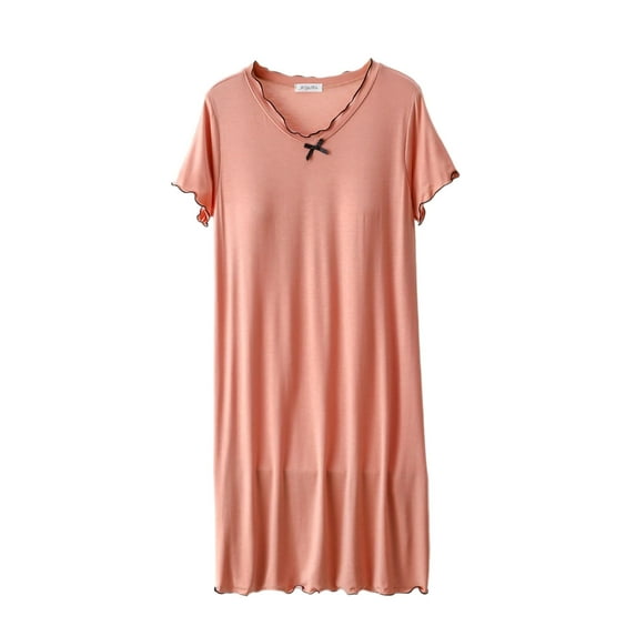 Annhoo Womens Nightgowns with Bra Spring Summer Solid Color Lacework V Neck Short Sleeve Sleep Dress Soft Clothes