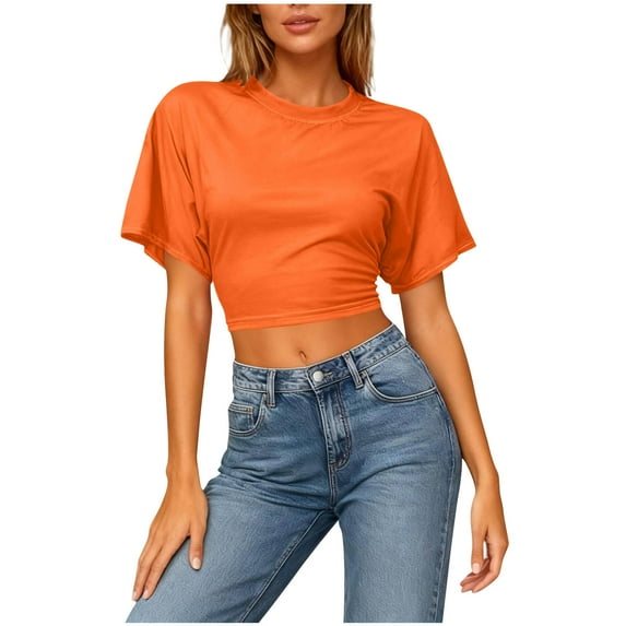 Annhoo Womens Oversize Shirts Crewneck Solid Color Drop Shoulder Crop Short Sleeve Tops Spring Summer Clothes