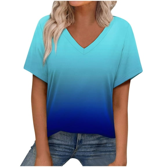 Annhoo Womens Oversized Summer Blouses V-Neck Gradient Casual T-Shirts Short Sleeve Trendy Business Loose Tops