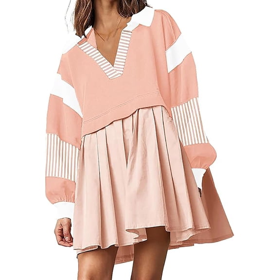 Annhoo Womens Oversized Sweatshirt Dresses Fall Long Sleeve Lapel Neck Pleated Mini Dress Fashion Color Block Dresses