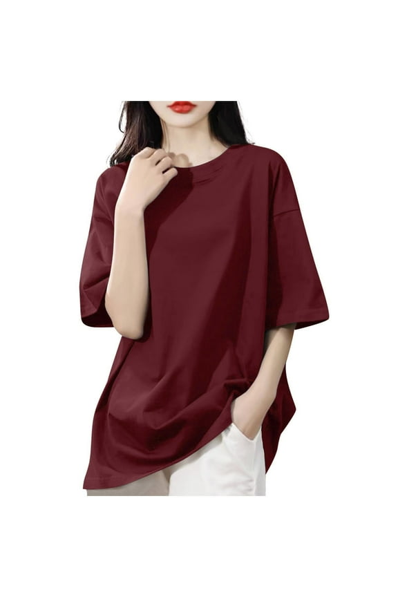 Womens Oversized T-Shirts Crew Neck Drop Shoulder Tops Short Sleeve Loose Blouse Comfy Summer Clothes