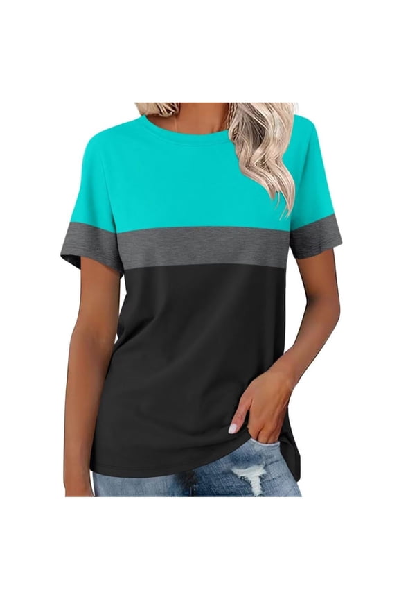 Womens Oversized Tshirt Plus size Crew Neck Color Block Blouse Striped Short Sleeve Casual Summer Tops
