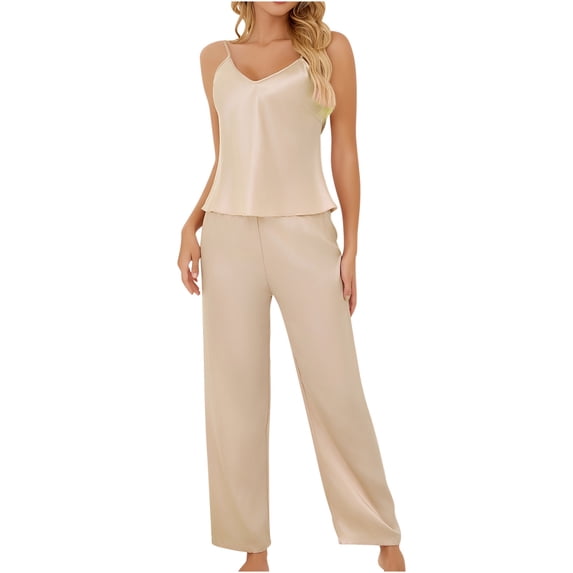 Annhoo Womens Pajama Sets 2 Piece Satin Outfits Casual Sleeveless Spaghetti Strap Nightwear and Pants Loungewear