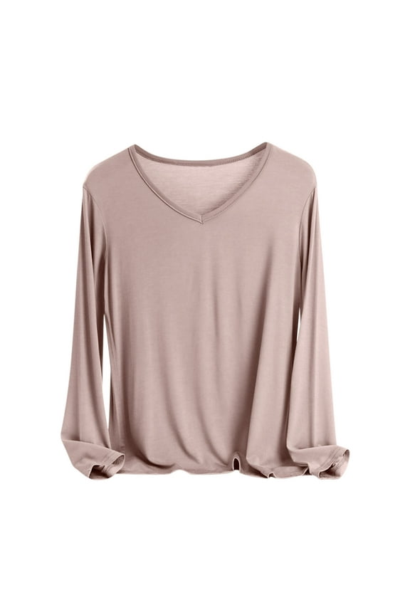 Womens Pajama Tops Long Sleeve V Neck Pullover Shirts Ladies Fall Winter Casual Solid Color Undershirts