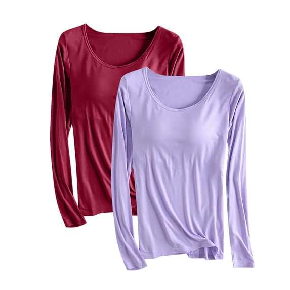 Annhoo Womens Pajama Tops with Built in Bras Plus Size Long Sleeve Crewneck Nightwear Comfy Solid Shirts Loungewear 2 Pack