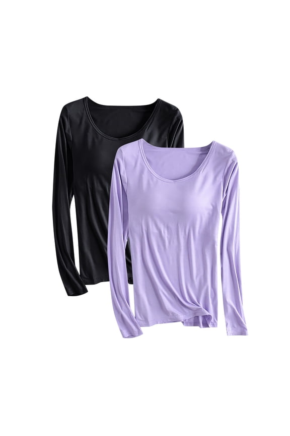 Womens Pajama Tops with Built in Bras Plus Size Long Sleeve Crewneck Nightwear Comfy Solid Shirts Loungewear 2 Pack
