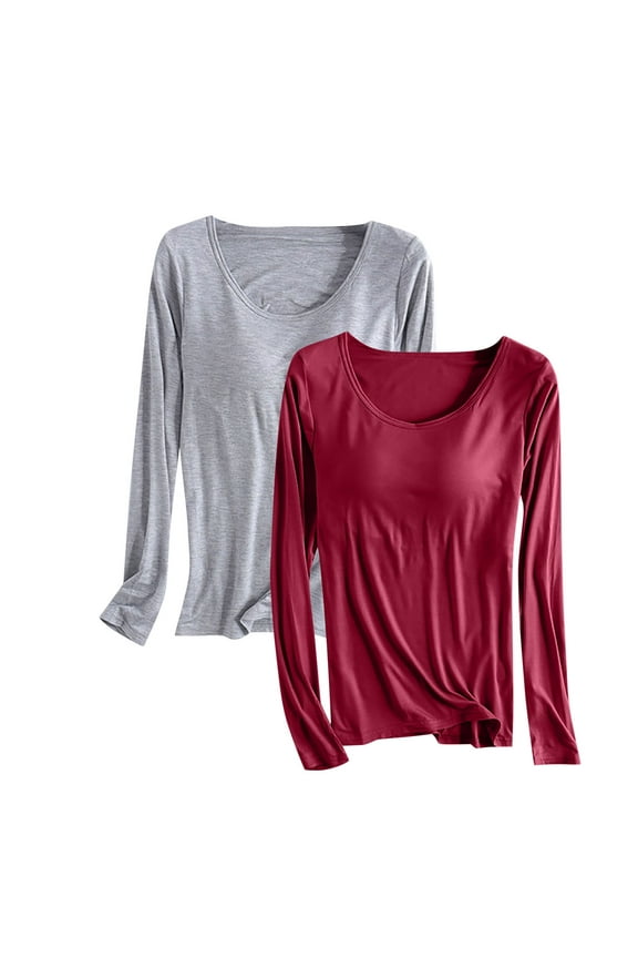 Womens Pajama Tops with Built in Bras Plus Size Long Sleeve Crewneck Nightwear Comfy Solid Shirts Loungewear 2 Pack