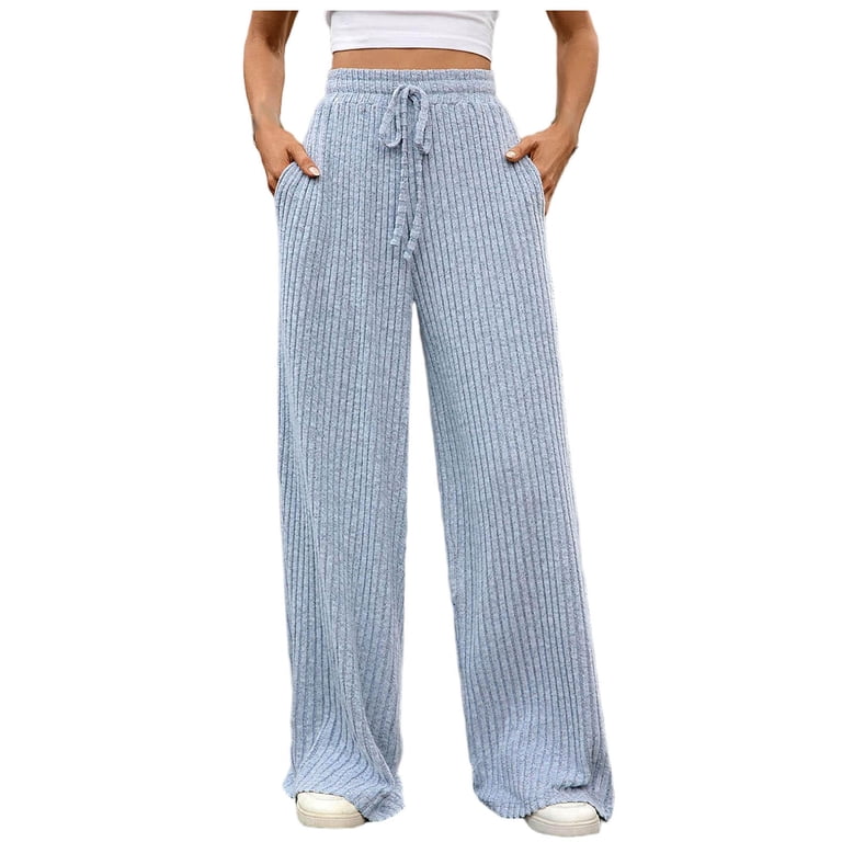 Annhoo Womens Pant Ribbed Wide Leg Drawstring Lounge Pants with