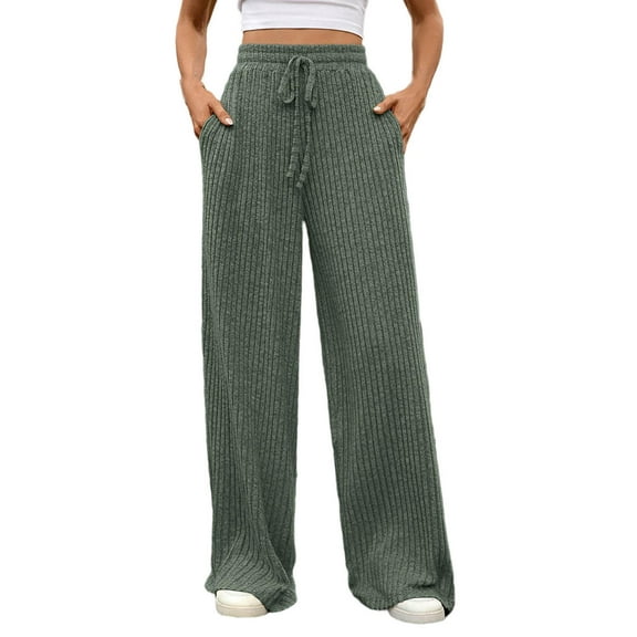 Annhoo Womens Pant Ribbed Wide Leg Drawstring Lounge Pants with Pockets Relaxed Comfy Loose Soft Knit Pajama Trousers