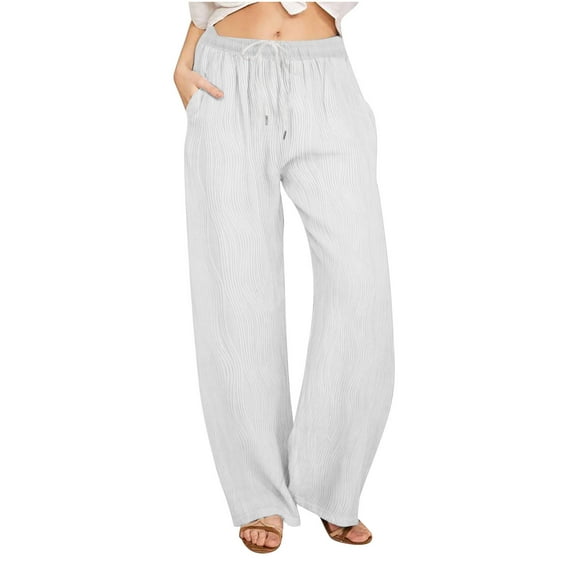 Annhoo Womens Pants Casual High Waisted Drawstring Textured Straight Leg Trousers Plus Size Loose Lounge Pants