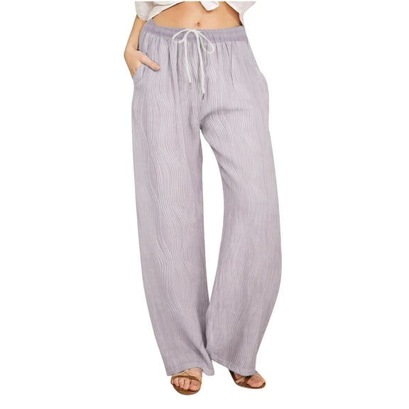 Annhoo Womens Pants Casual High Waisted Drawstring Textured Straight Leg Trousers Plus Size Loose Lounge Pants