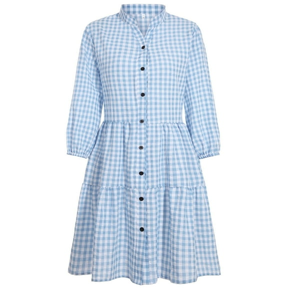 Annhoo Womens Plaid Shirt Dresses V Neck Collared Button down Half Sleeve Ruffle Tiered A-Line Loose Comfy Sundress