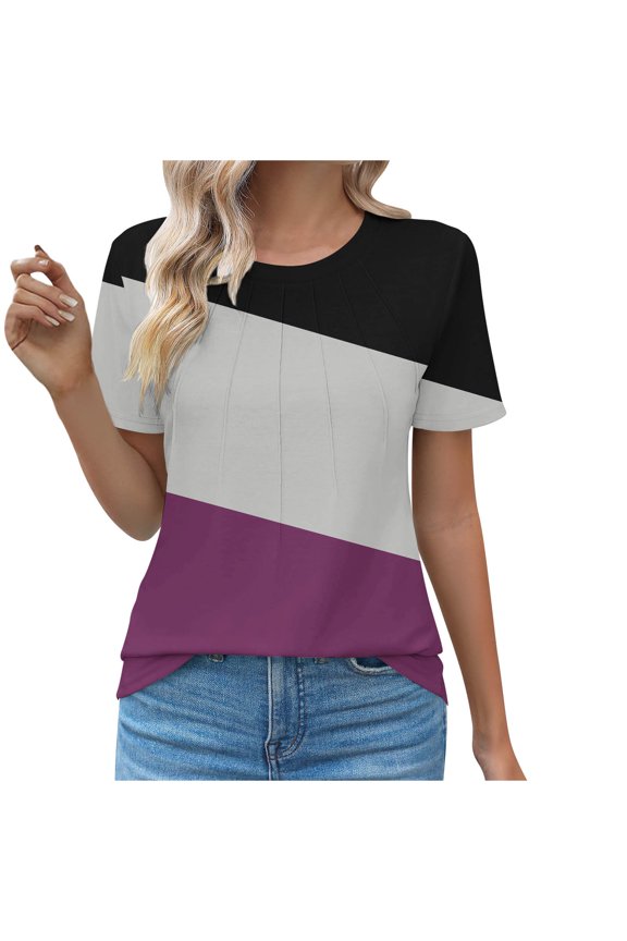 Womens Plus Size Clothes Oversized Short Sleeve Color Block Tshirts Crew Neck Dressy Casual Blouse Summer Tops