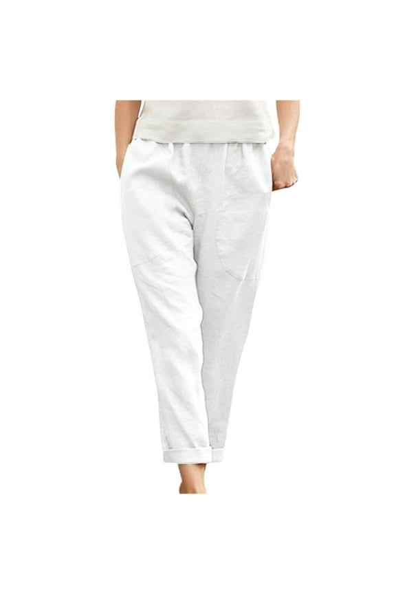 Womens Plus Size Cotton Linen Pants Casual Elastic Waist Tapered Pants Ladies Ankle Cropped Trouser with Pockets