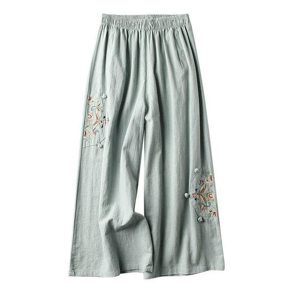 Annhoo Womens Plus Size Cotton Linen Pants Embroidery Elastic Waist Wide Leg Pants Casual Solid Color Baggy Palazzo Trousers