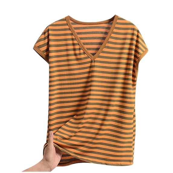 Annhoo Womens Plus Size Pajama Tops V Neck Loose Block Color Striped Shorts Sleeve Shirts Fashion Casual Clothes
