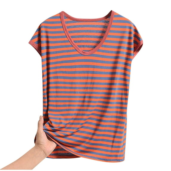 Annhoo Womens Plus Size Shirts Loose Crewneck Block Color Striped Shorts Sleeve Pajama Tops Loungewear Clothes