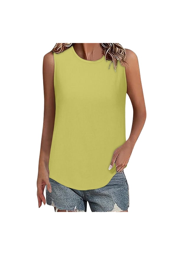 Womens Plus Size Tank Tops Summer Basic Cotton Sleeveless Crew Neck Shirt Casual Solid Color Trendy Blouse