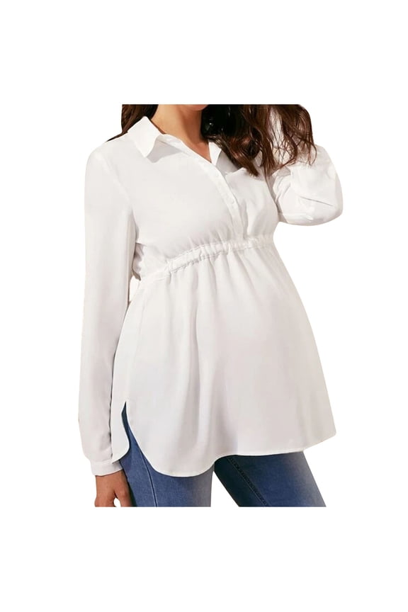 Womens Pregnancy Tops Button High Waist Collared Maternity Shirts Flowy Comfy Long Sleeve Blouse Work Dressy Clothes